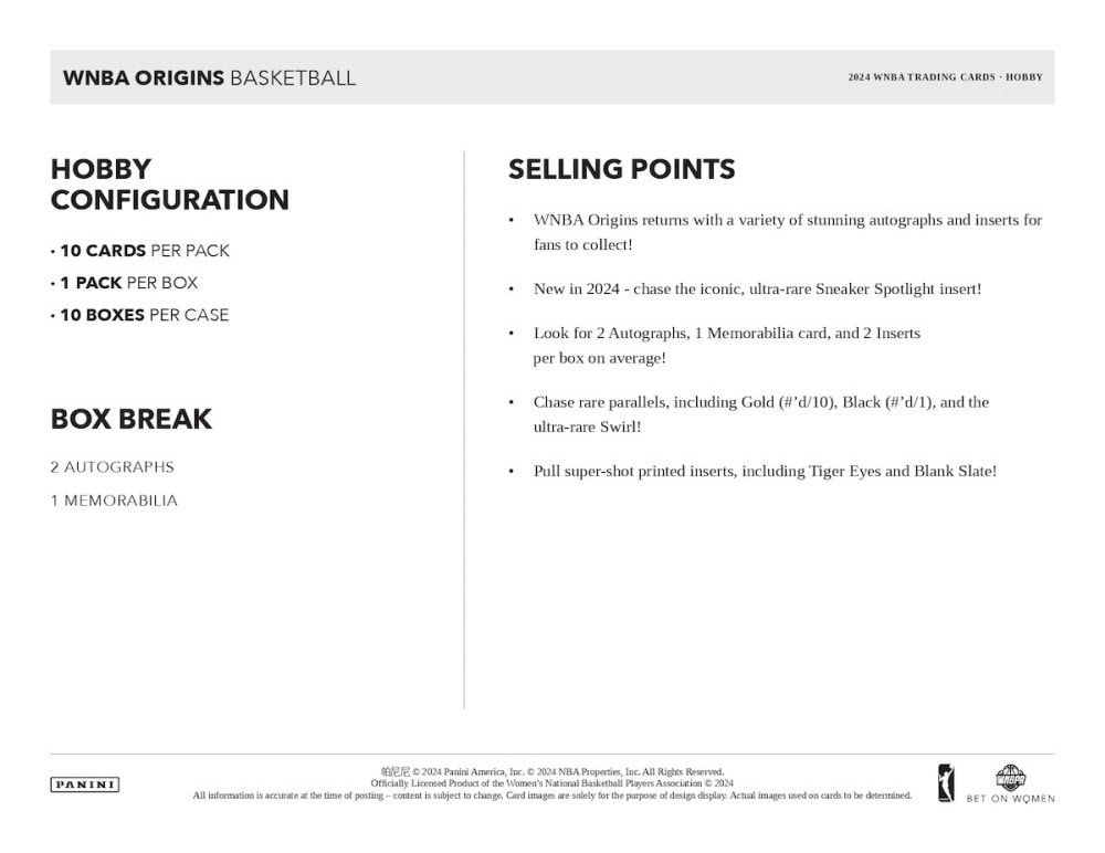 2024 PANINI WNBA ORIGINS BASKETBALL HOBBY BOX Breakaway Sports Cards