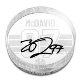 UDA Connor McDavid Autographed Edmonton Oilers Sand Carved Clear Crystal Hockey Puck