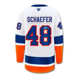 UDA Matthew Schaefer Autographed White Premium New York Islanders Jersey with Sponsor Patch