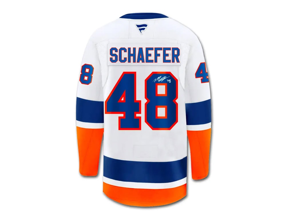 19028 Schaefer Jersey UDA Matthew Schaefer Autographed White Premium New York Islanders Jersey with Sponsor Patch